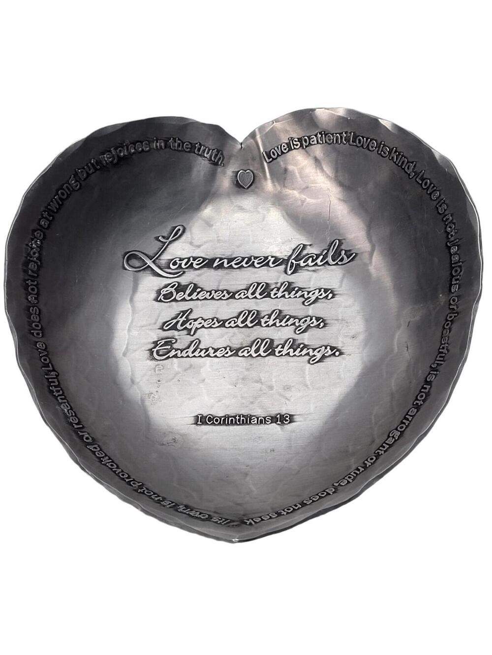 Wendell August Forge Hammered Aluminum Heart Bowl I Corinthians 13 Scriptures
